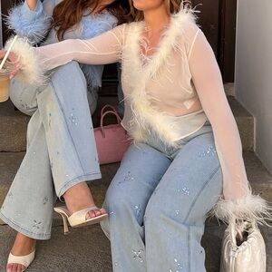 sheer white ostrich feather trim robe one size cardigan mesh 90s clueless